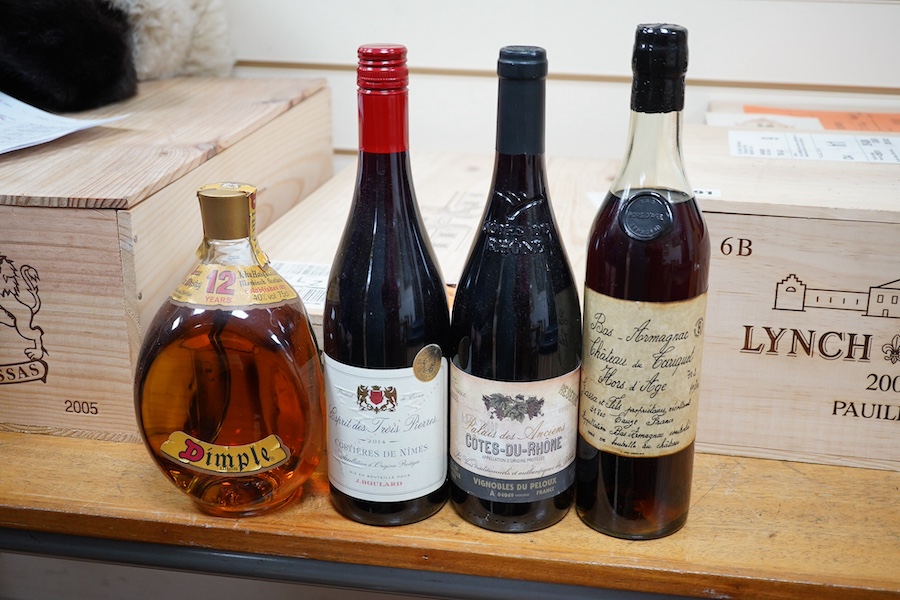 Fourteen bottles of wine and spirits, etc. including Dimple, Campari, Pliska Reserve V.S.O.P. 7 year brandy, Gordons Gin and others. Conditon - varies